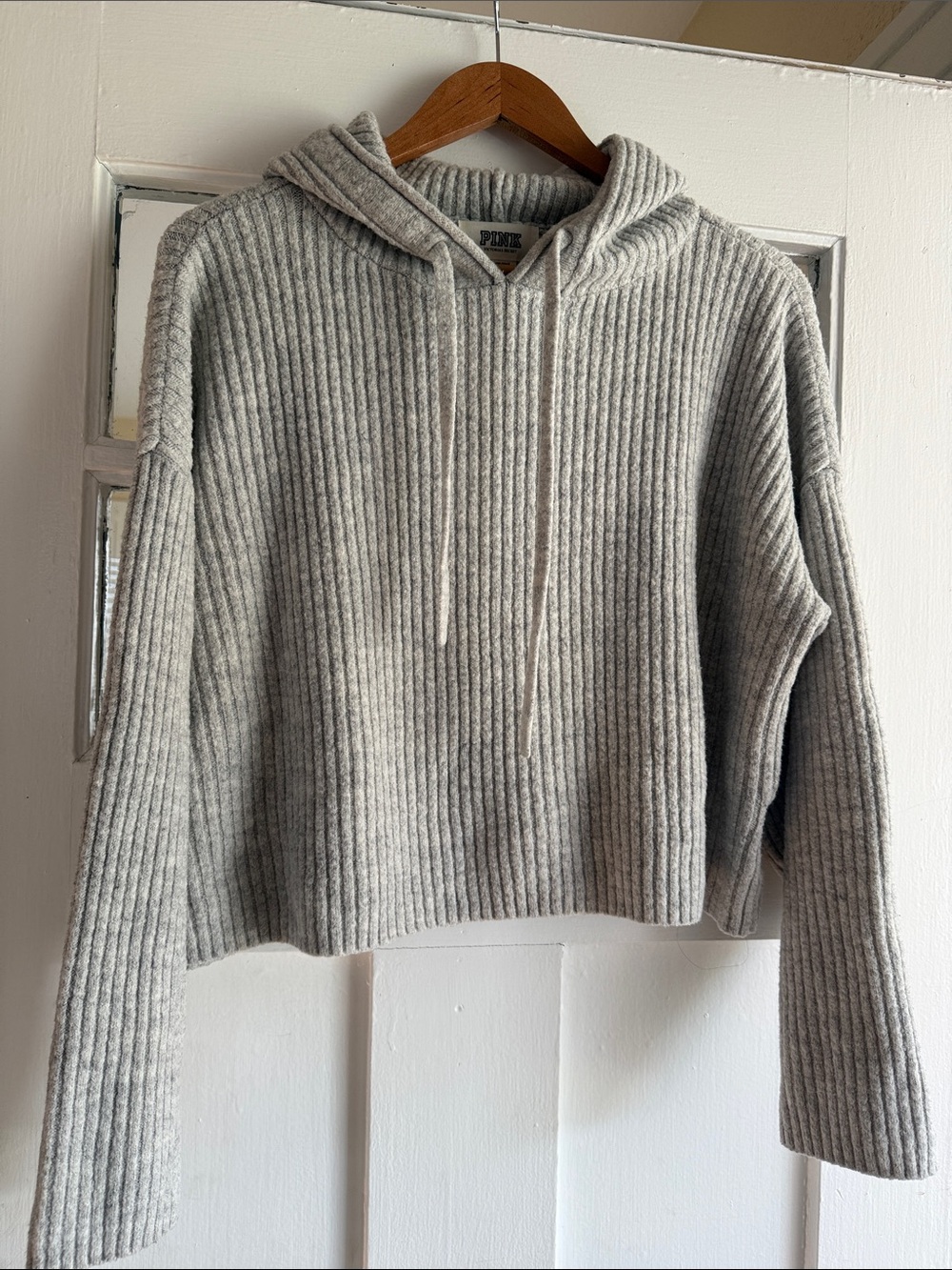 PINK Gray Ribbed Hooded Pullover Sweater